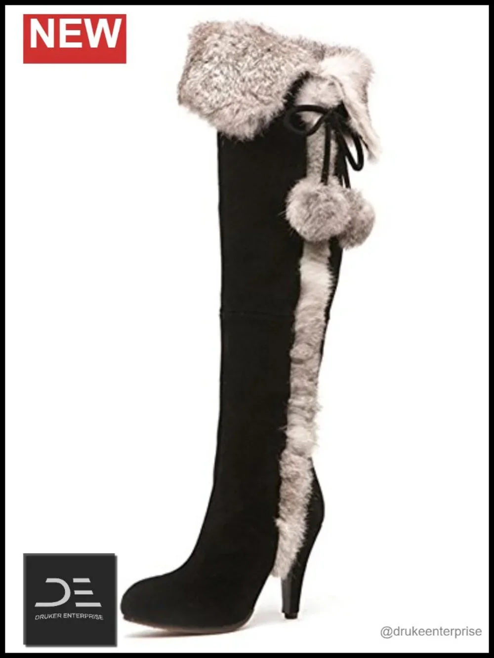 Faux Fur Trimmed Over the Knee Boots with Heel and Zip Closure